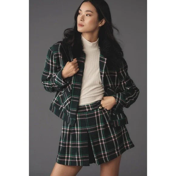 Anthropologie Maeve Collar Coat Women Green Plaid Crop Faux Fur Retro Large NWT